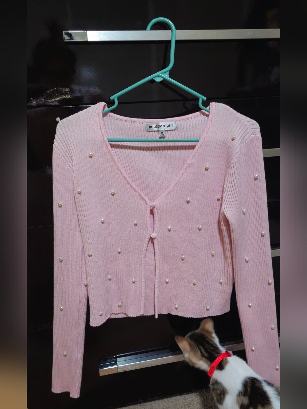 Madden Girl Pink Pearl-Embellished V-Neck Tie-Front Sweater